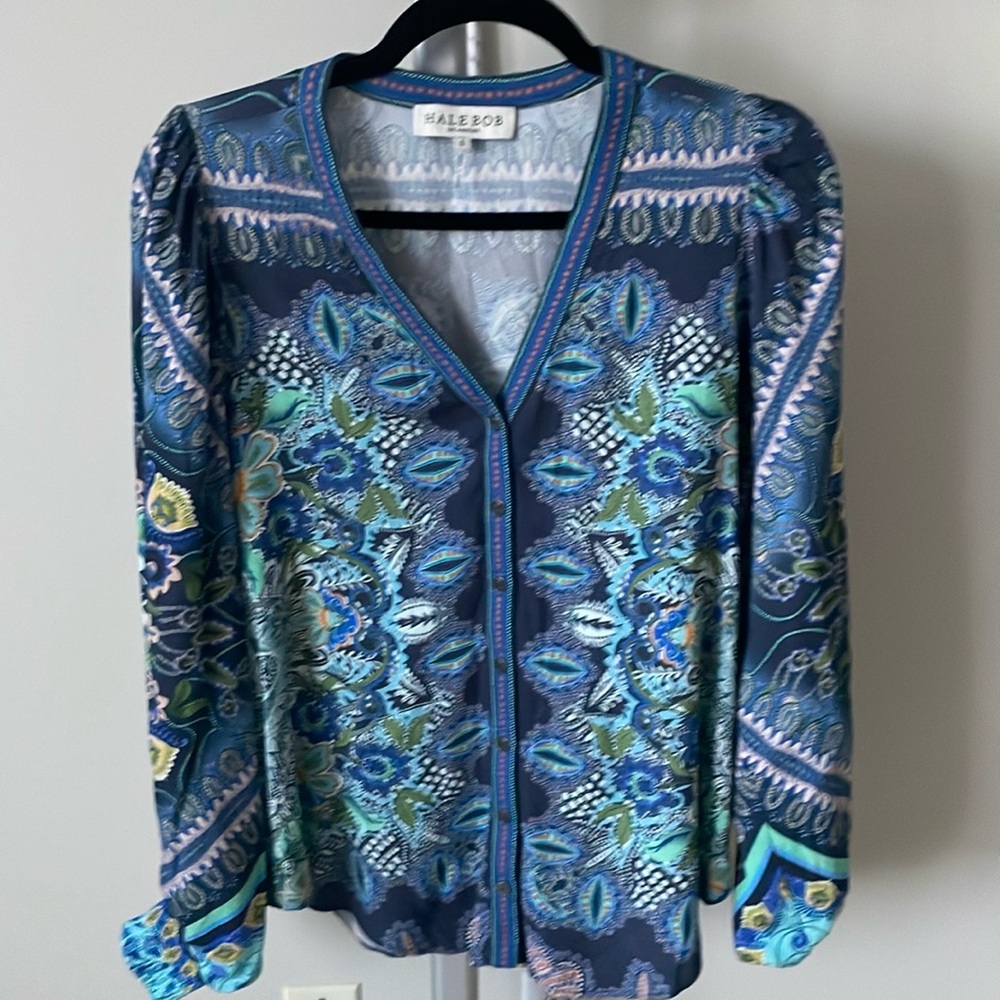 Hale Bob boho v neck button down blouse top tunic, size S